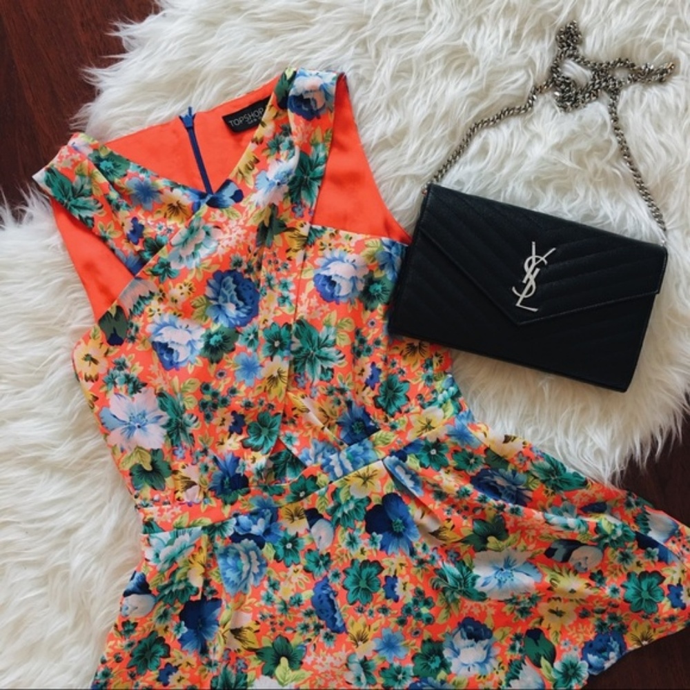 Topshop Floral Romper Cross Over Neon Coral
